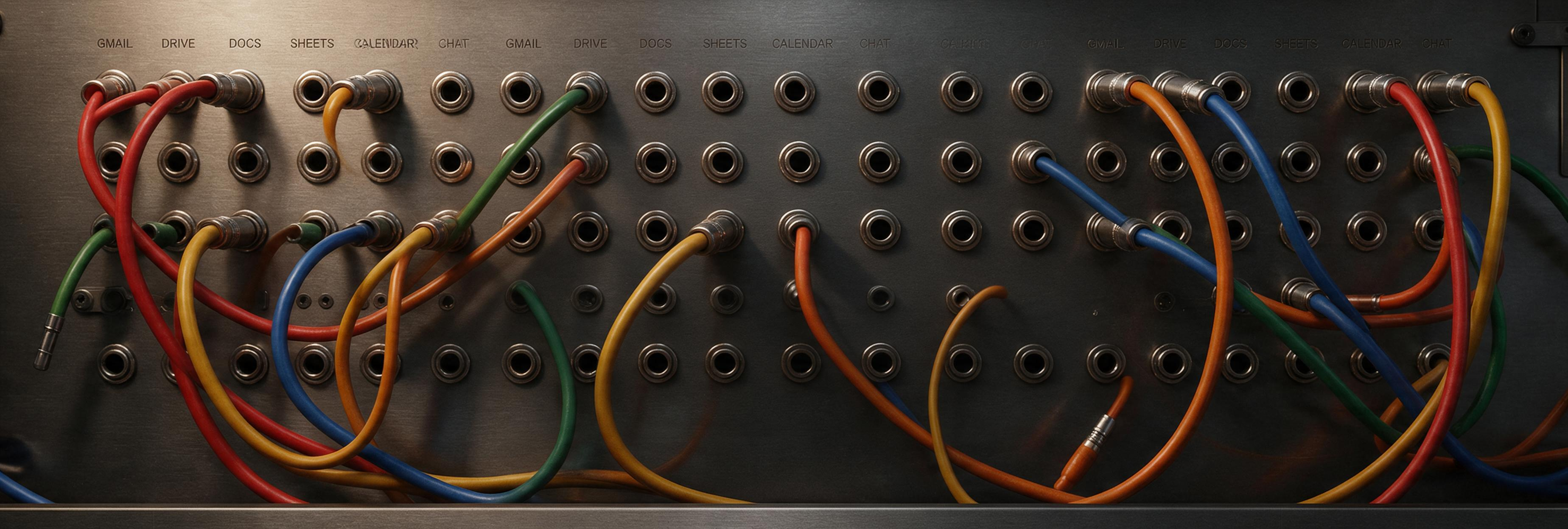 Panel de conexiones con jacks etiquetados GMAIL, DRIVE, DOCS, SHEETS, CALENDAR y CHAT, con cables de colores enchufados y un cable desconectado.
